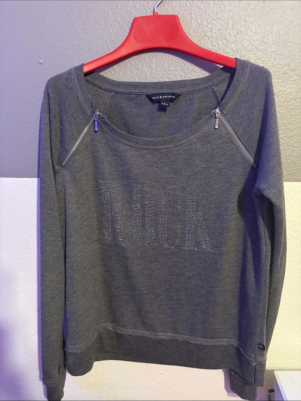 Rock & Republic Women’s Gray Rhinestone Logo Sweatshirt with Shoulder Zippers